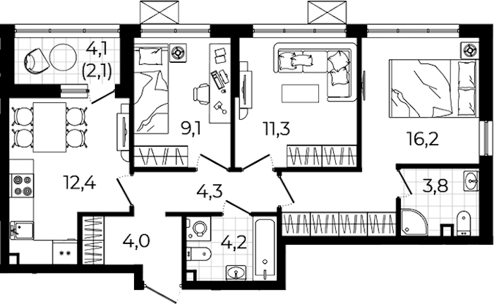3-комнатная квартира 67.4 м², 2/12 эт., ЖК «А101 Всеволожск»